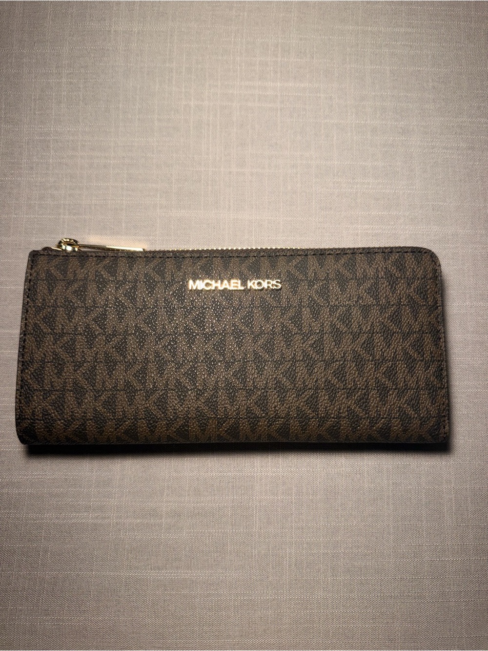 Michael Kors Brown & Gold Logo Zip Wristlet